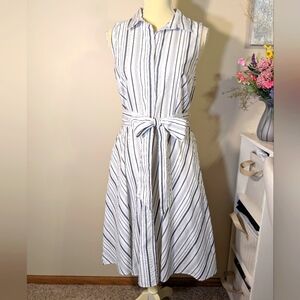 Ann Taylor sleeveless tie waist shirt dress white black size 8